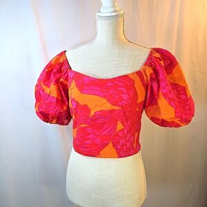 Scoop Puff Sleeve Crop Top Size Large Orange & Red Floral Shirred Back Side Zip
